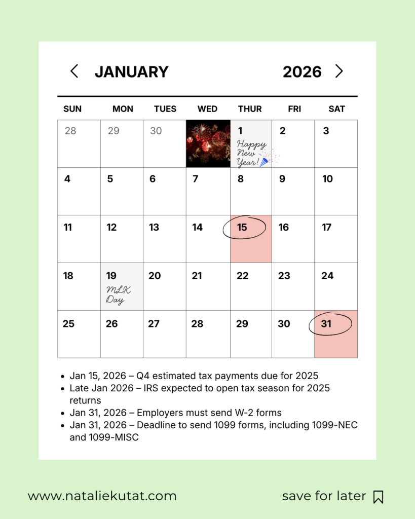 Graphic displaying the various tax deadlines for January 2026